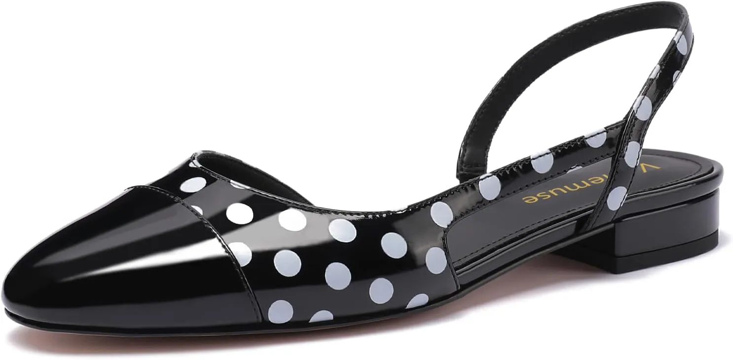 Slingback Flat Pumps for Women Polka Dot Cap Toe Block Low Heels Sandals Two Tone Dress Casual Slide Walking Shoes