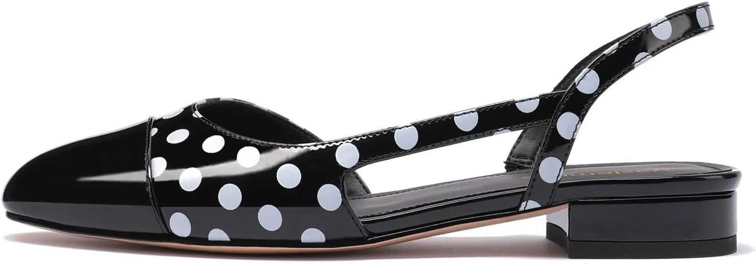 Slingback Flat Pumps for Women Polka Dot Cap Toe Block Low Heels Sandals Two Tone Dress Casual Slide Walking Shoes