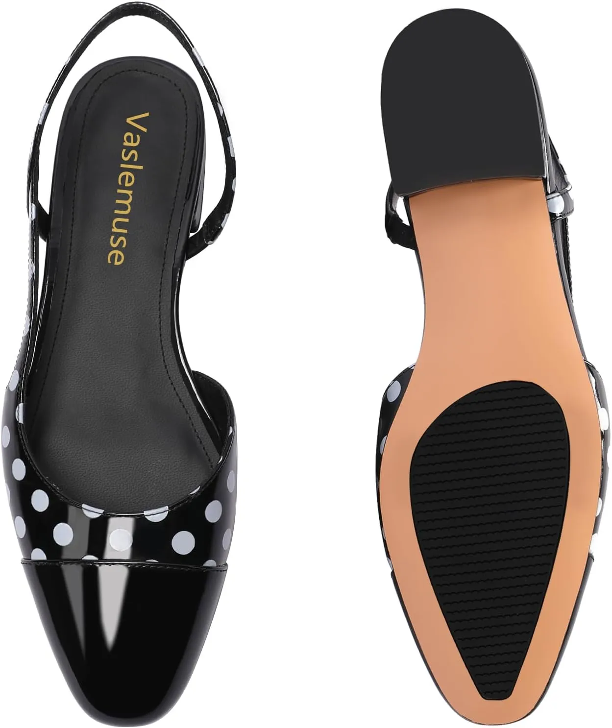 Slingback Flat Pumps for Women Polka Dot Cap Toe Block Low Heels Sandals Two Tone Dress Casual Slide Walking Shoes