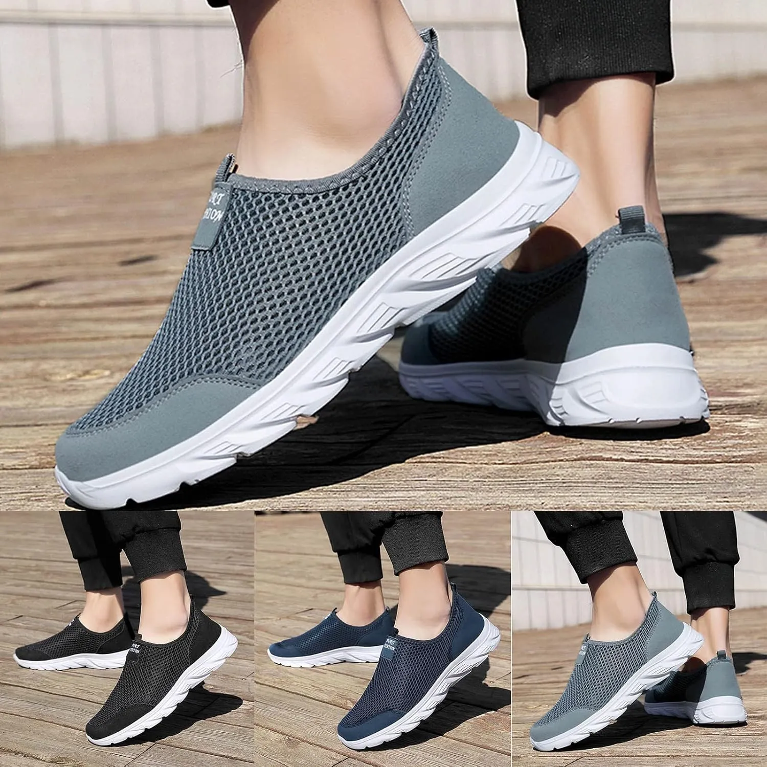 Slip On Breathable Sneakers for Men Lightweight Hollow Mesh Casual Shoes Summer Low Top Non Slip Beach Shoes