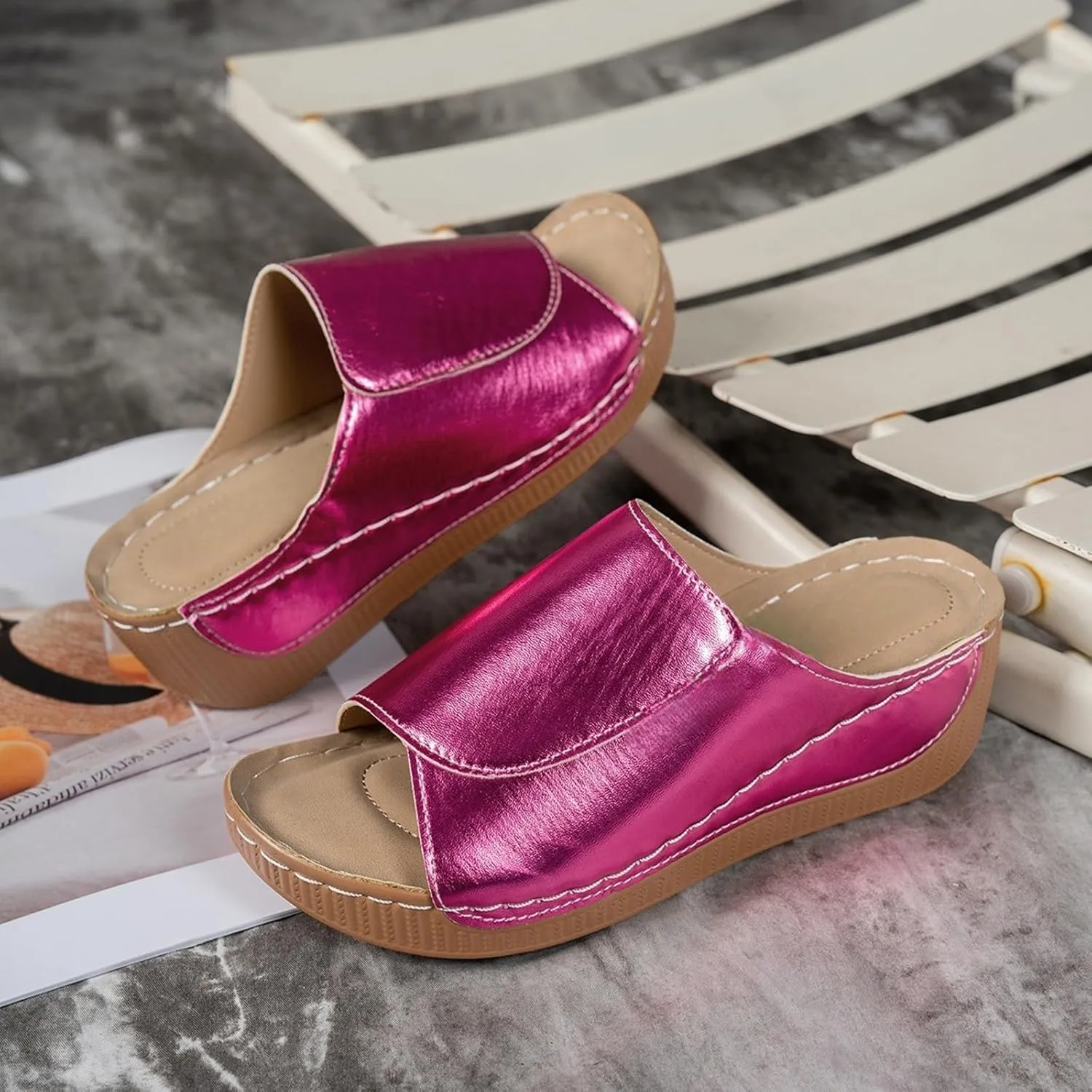 Slippers for Women Comfortable Summer Platform Wedge Slipper Casual Slip On Orthopedic Shoes with Arch Support Breathable Open Toe Sandals Dressy Walking Shoe for Beach