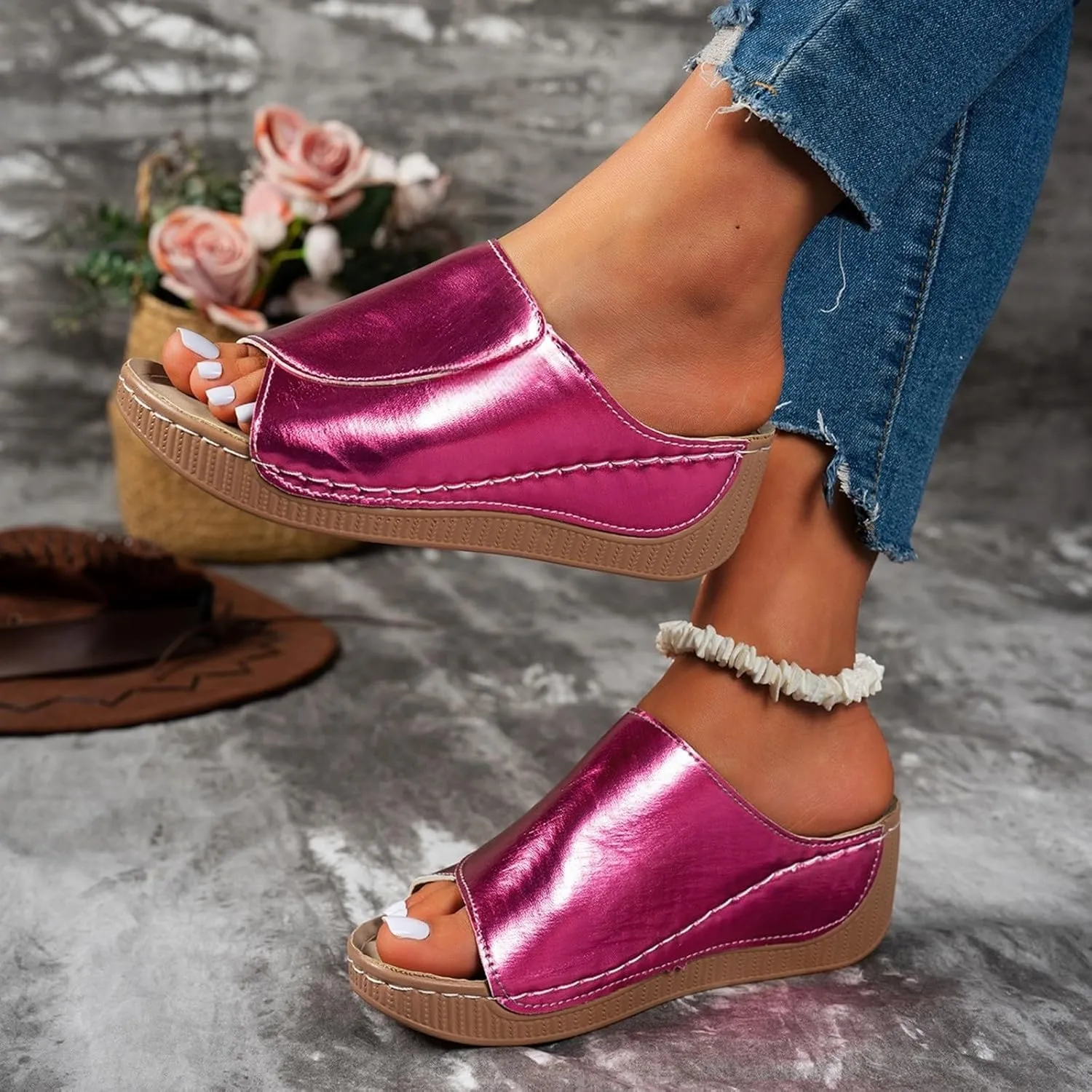Slippers for Women Comfortable Summer Platform Wedge Slipper Casual Slip On Orthopedic Shoes with Arch Support Breathable Open Toe Sandals Dressy Walking Shoe for Beach