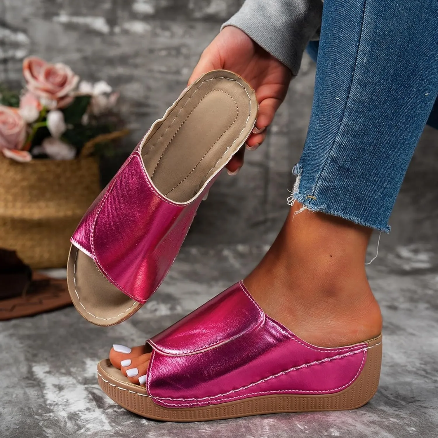 Slippers for Women Comfortable Summer Platform Wedge Slipper Casual Slip On Orthopedic Shoes with Arch Support Breathable Open Toe Sandals Dressy Walking Shoe for Beach