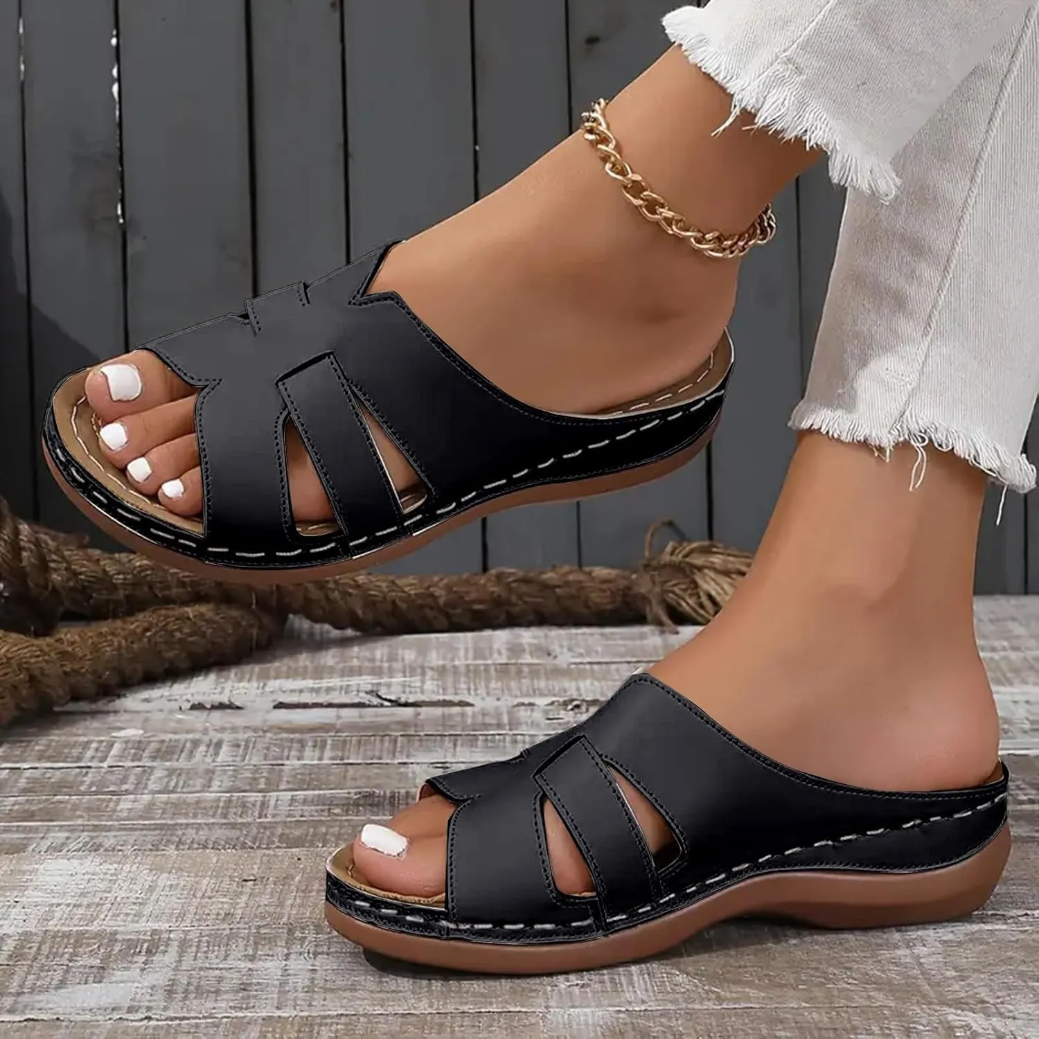 Summer Orthopedic Sandals for Women 2025 Dressy Vintage Flats Slippers Breathable Non-Slip Open Toe Sandals Walking Beach Shoes