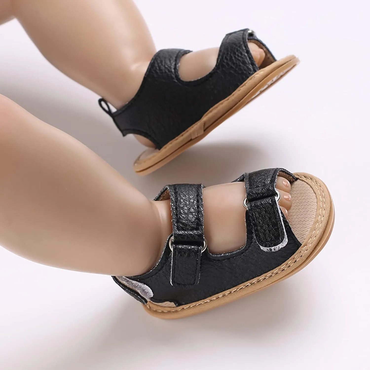 Toddler Baby Infant Barefoot Flat Sandals Leather 2 Buckle Strap Open Toe Wide Shoes Newborn Summer Sole Rubber Shoes
