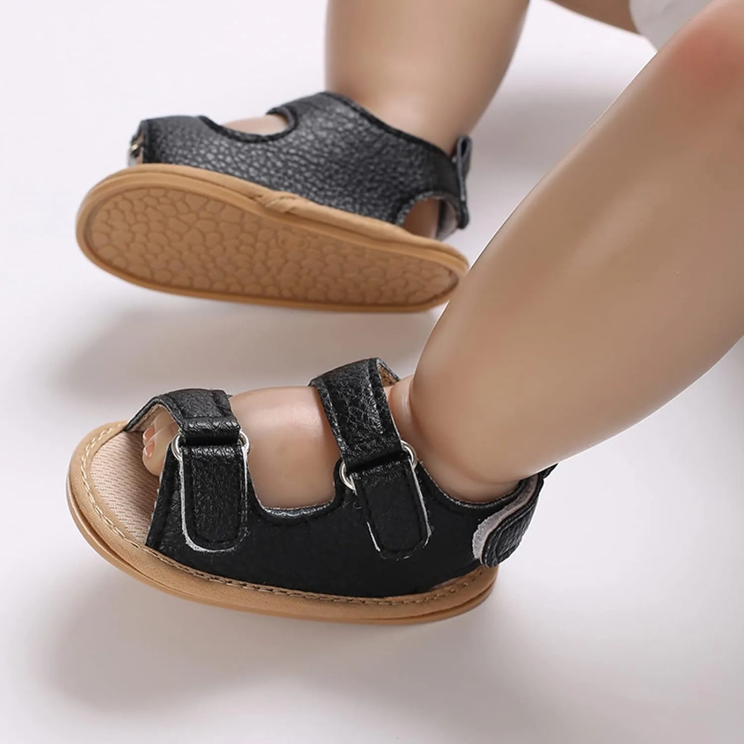 Toddler Baby Infant Barefoot Flat Sandals Leather 2 Buckle Strap Open Toe Wide Shoes Newborn Summer Sole Rubber Shoes