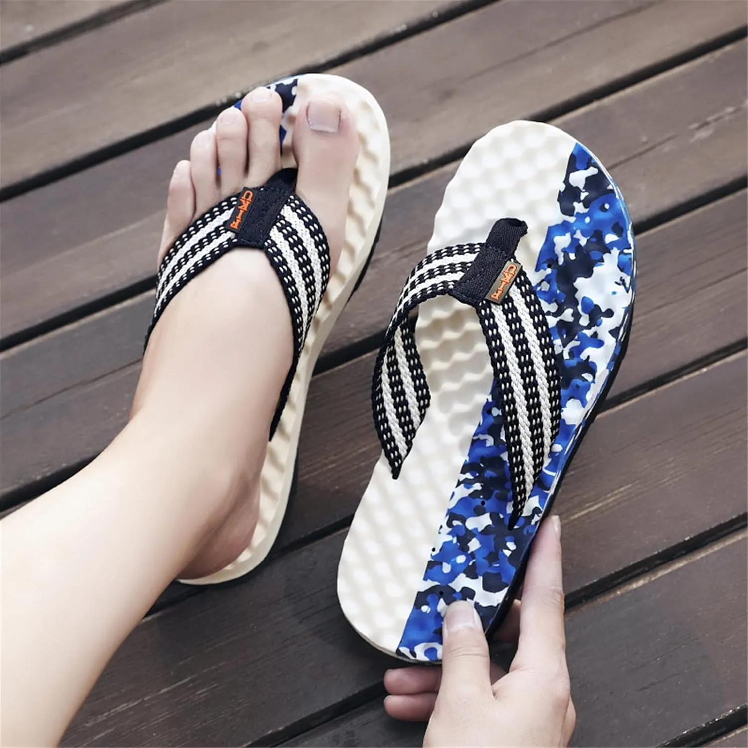 Trailblazer Sandals Fashion Summer Men Flip Flops Flat Bottom and Non Slip Light Slip On Comfortable Colorblock Camouflage Pattern Beach Slippers (Dark Blue, 10)