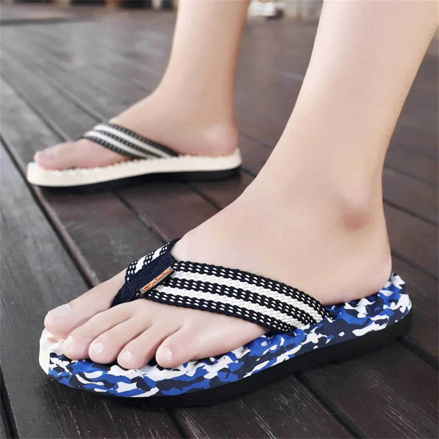 Trailblazer Sandals Fashion Summer Men Flip Flops Flat Bottom and Non Slip Light Slip On Comfortable Colorblock Camouflage Pattern Beach Slippers (Dark Blue, 10)