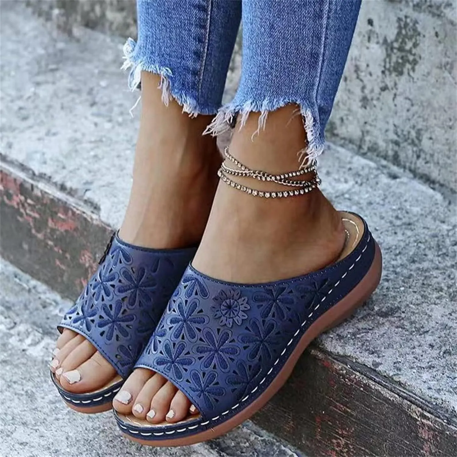 Women Dressy Summer Flat Arch Support Fashion Orthotic Slides Platform Sandals Comfortable Slip On Wedge Slippers