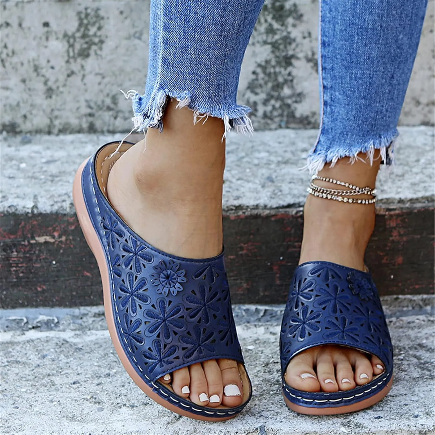 Women Dressy Summer Flat Arch Support Fashion Orthotic Slides Platform Sandals Comfortable Slip On Wedge Slippers