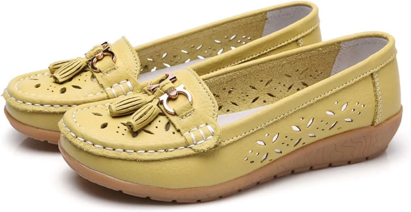 Women Nurse Work Shoes, Womens Summer Hollow Breathable Slip-On Leather Orthopedic Nurse Shoes, Non-Slip Comfortable Walking Running Casual Lightweight Loafers