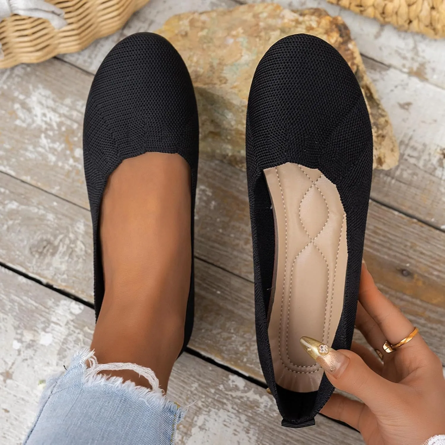 Women's Black Ballet Flats Stretch Knit Slip-Ons with Subtle Wedge Dress Low Wedge Shoes