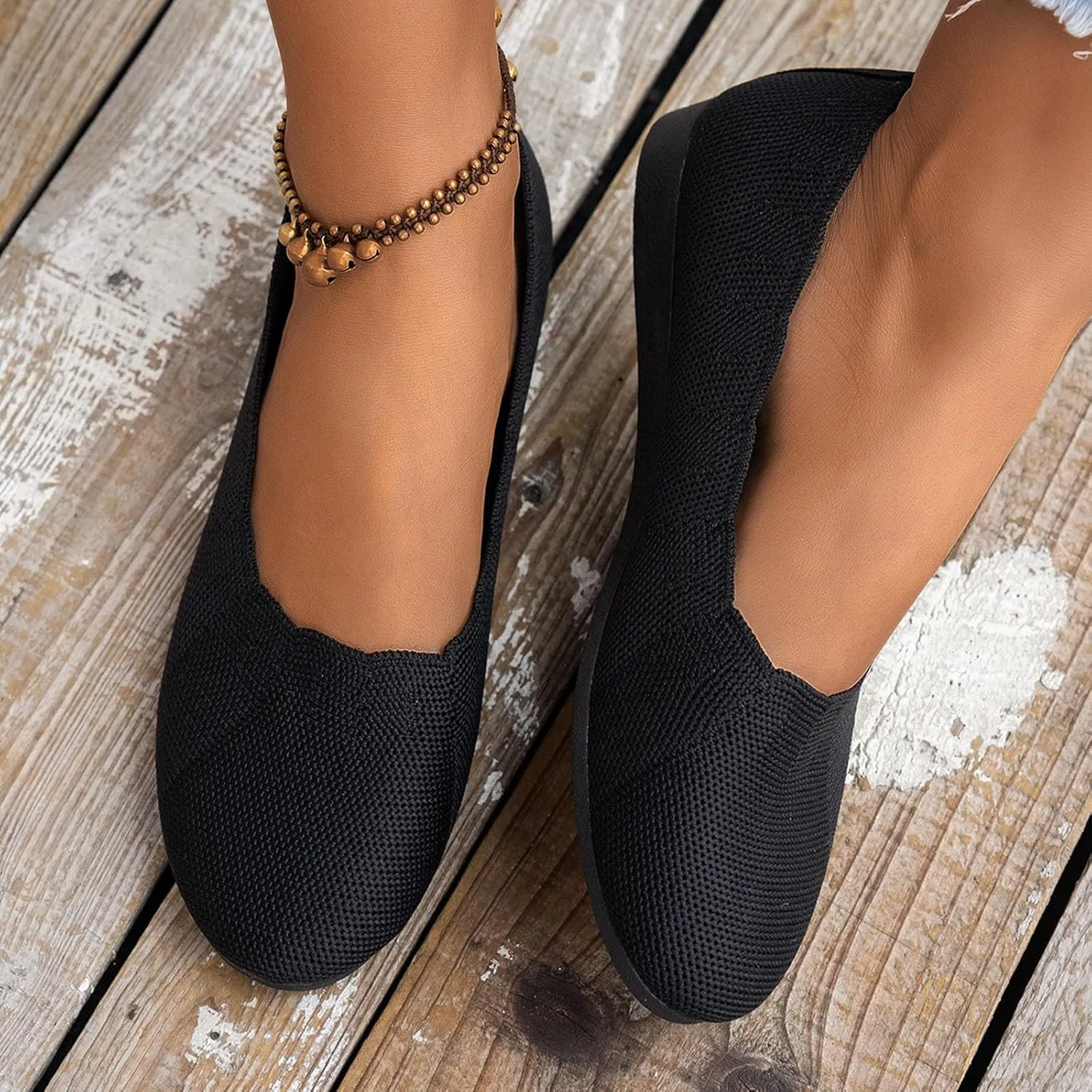 Women's Black Ballet Flats Stretch Knit Slip-Ons with Subtle Wedge Dress Low Wedge Shoes