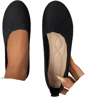 Women's Black Ballet Flats Stretch Knit Slip-Ons with Subtle Wedge Dress Low Wedge Shoes