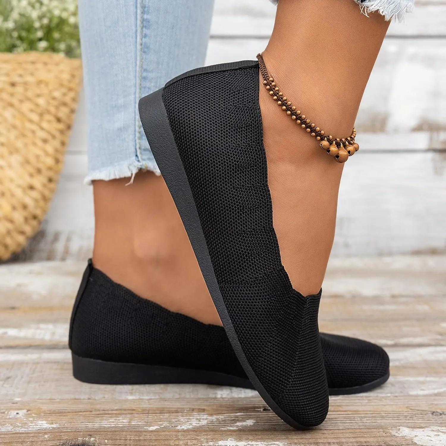 Women's Black Ballet Flats Stretch Knit Slip-Ons with Subtle Wedge Dress Low Wedge Shoes