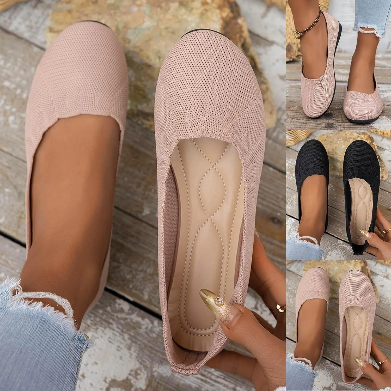 Women's Black Ballet Flats Stretch Knit Slip-Ons with Subtle Wedge Dress Low Wedge Shoes