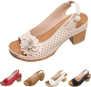 Womens Block Heel Sandals Summer Open Toe Ankle Buckle Strap Chunky Non Slip Dress Shoes Casual Solid Color Hollow Out Floral Decor Sandals Lightweight Platform Wedge Fashion Footwear