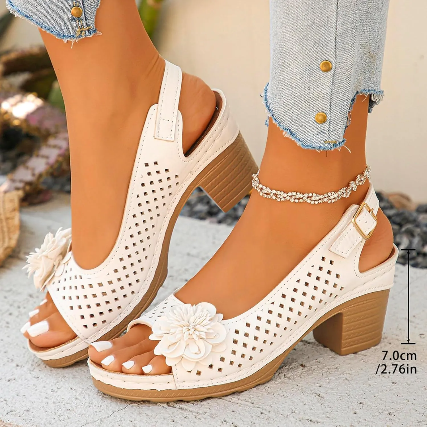 Womens Chunky High Block Heels Fish Mouth Flowers Sandals 2025 Summer Casual Ankle Strap Hollow Out Platform Wedge Sandal