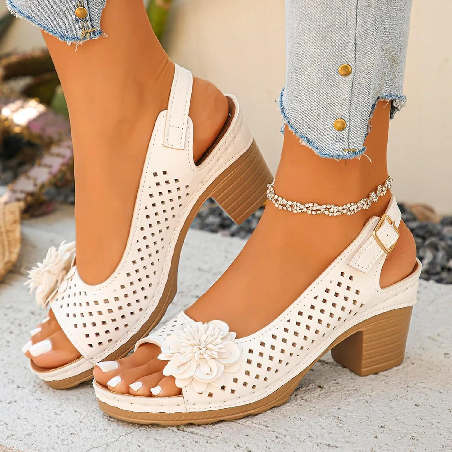 Womens Chunky High Block Heels Fish Mouth Flowers Sandals 2025 Summer Casual Ankle Strap Hollow Out Platform Wedge Sandal