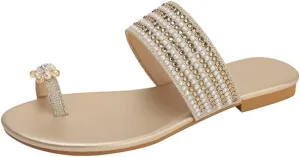 Womens Flats Sandals Gladiator Sandals Toe Ring Rhinestone Slide Sandal For Summer Dressy