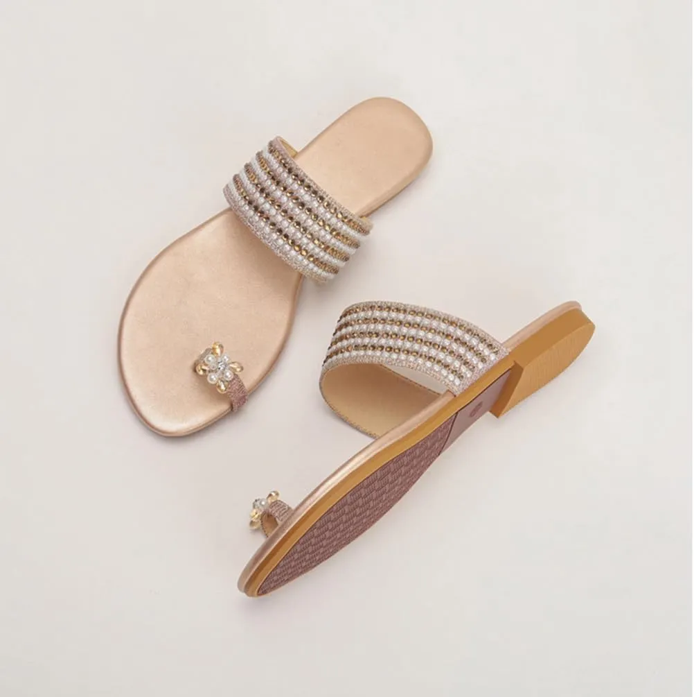 Womens Flats Sandals Gladiator Sandals Toe Ring Rhinestone Slide Sandal For Summer Dressy