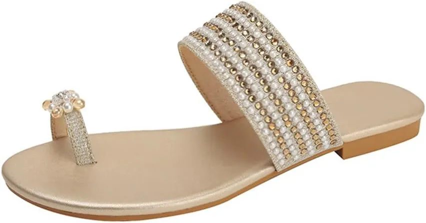 Womens Flats Sandals Gladiator Sandals Toe Ring Rhinestone Slide Sandal For Summer Dressy