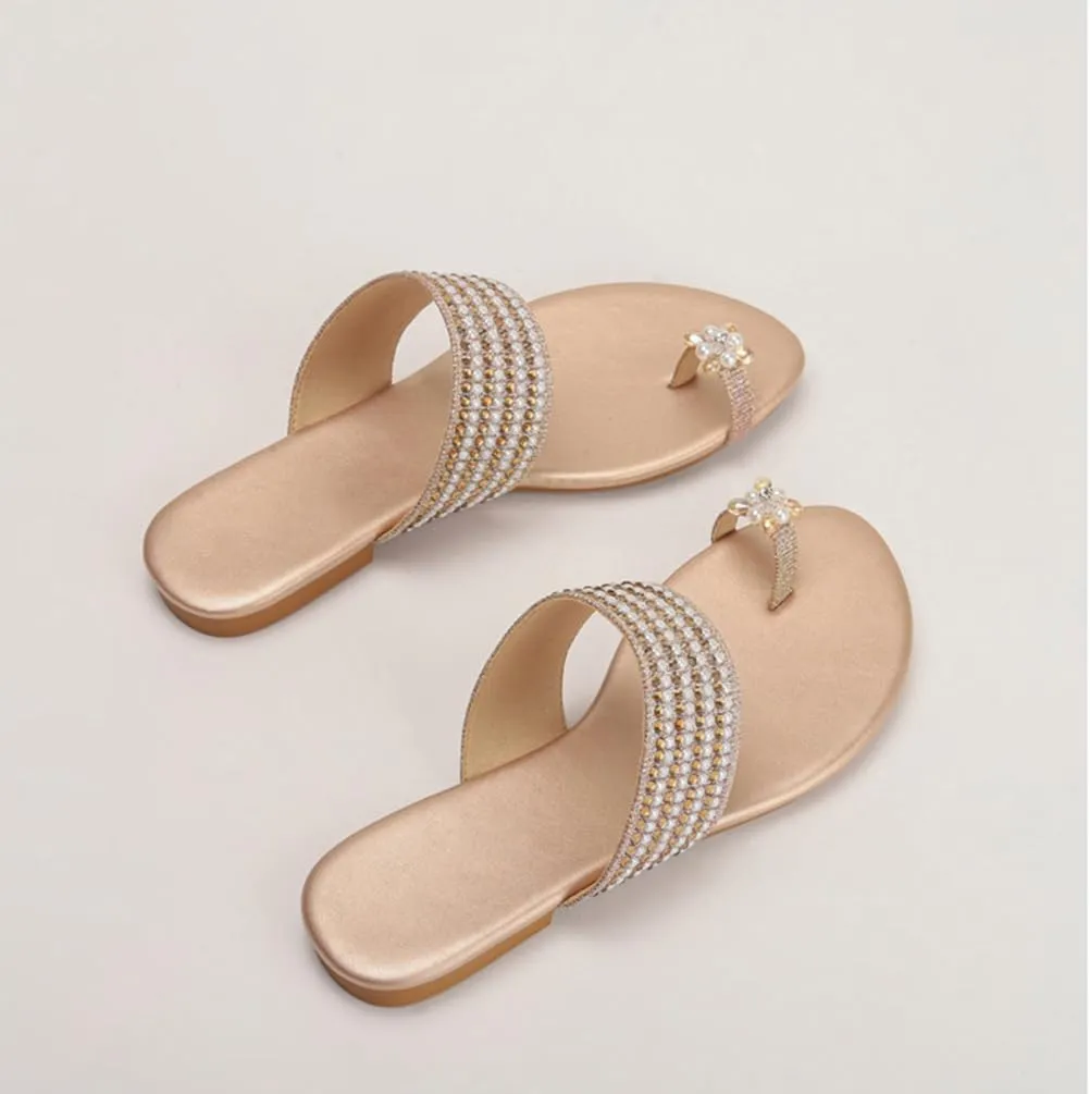 Womens Flats Sandals Gladiator Sandals Toe Ring Rhinestone Slide Sandal For Summer Dressy