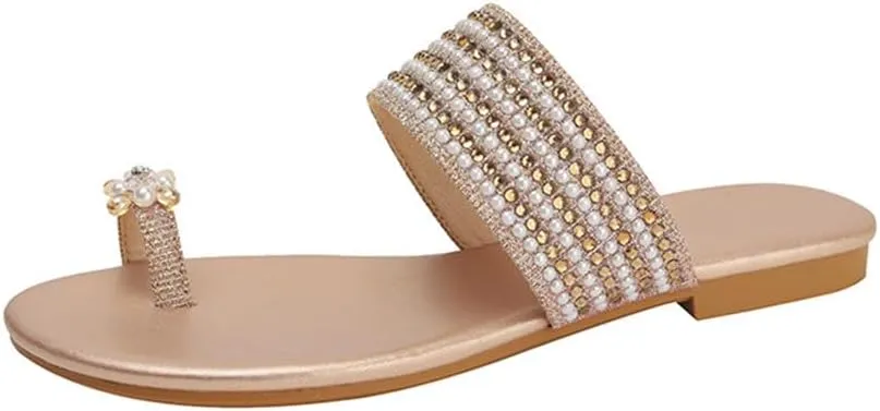 Womens Flats Sandals Gladiator Sandals Toe Ring Rhinestone Slide Sandal For Summer Dressy