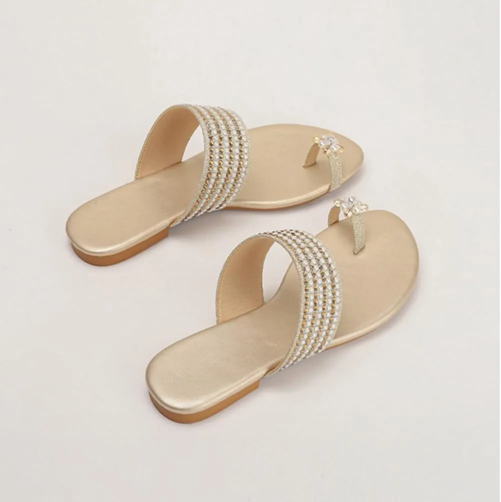 Womens Flats Sandals Gladiator Sandals Toe Ring Rhinestone Slide Sandal For Summer Dressy
