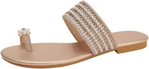 Womens Flats Sandals Gladiator Sandals Toe Ring Rhinestone Slide Sandal For Summer Dressy