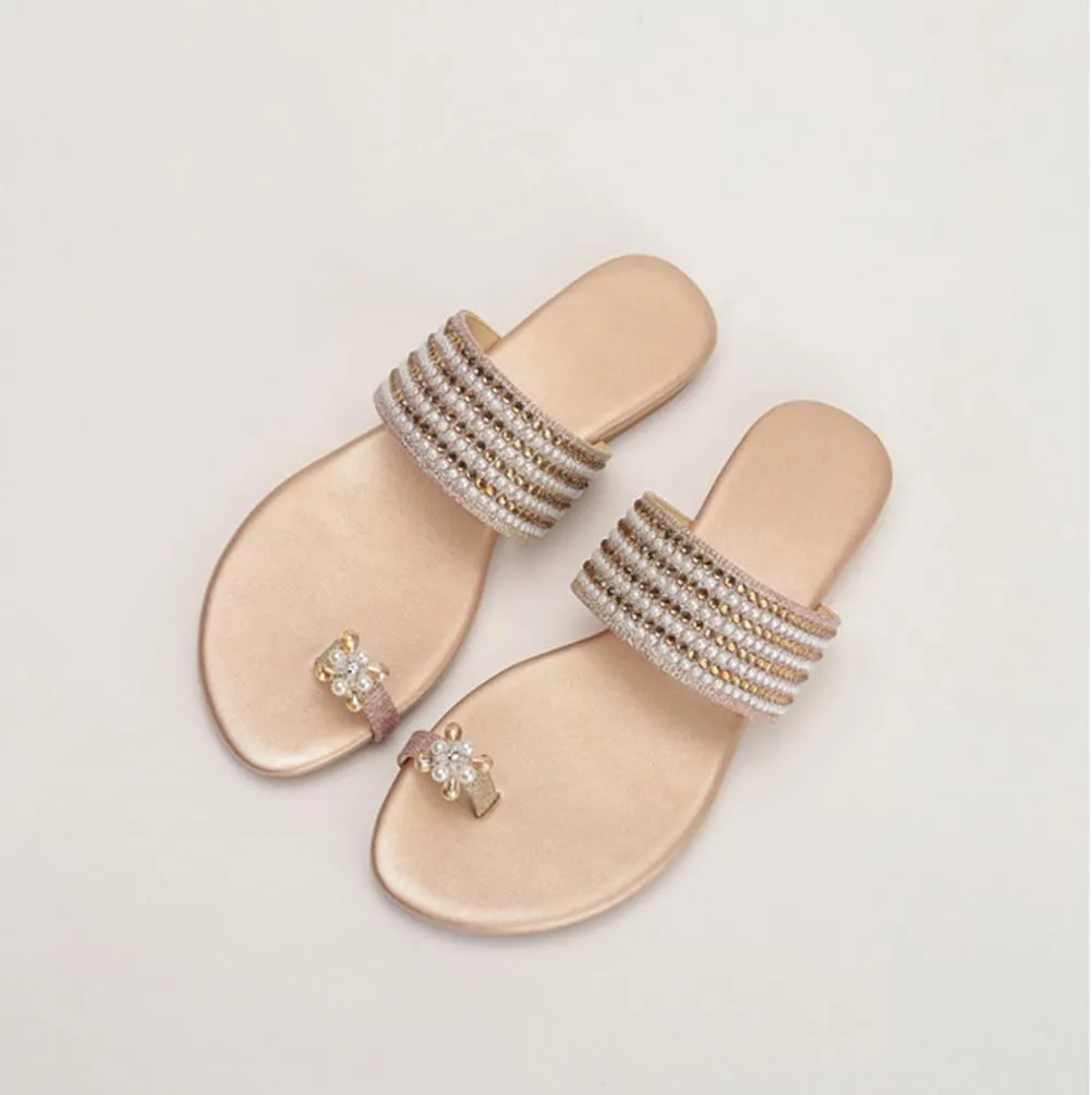 Womens Flats Sandals Gladiator Sandals Toe Ring Rhinestone Slide Sandal For Summer Dressy
