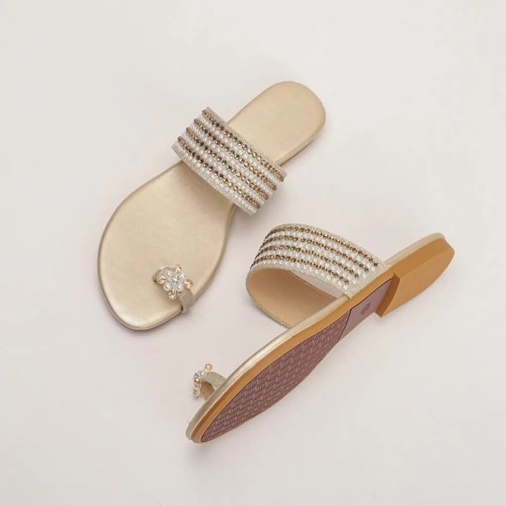 Womens Flats Sandals Gladiator Sandals Toe Ring Rhinestone Slide Sandal For Summer Dressy