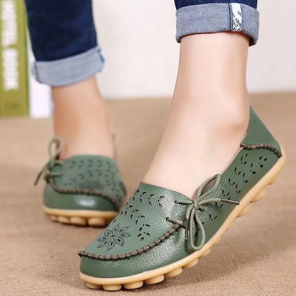 Women's Floral Leather Slipper Loafers Flat Shoes Slip-Ons