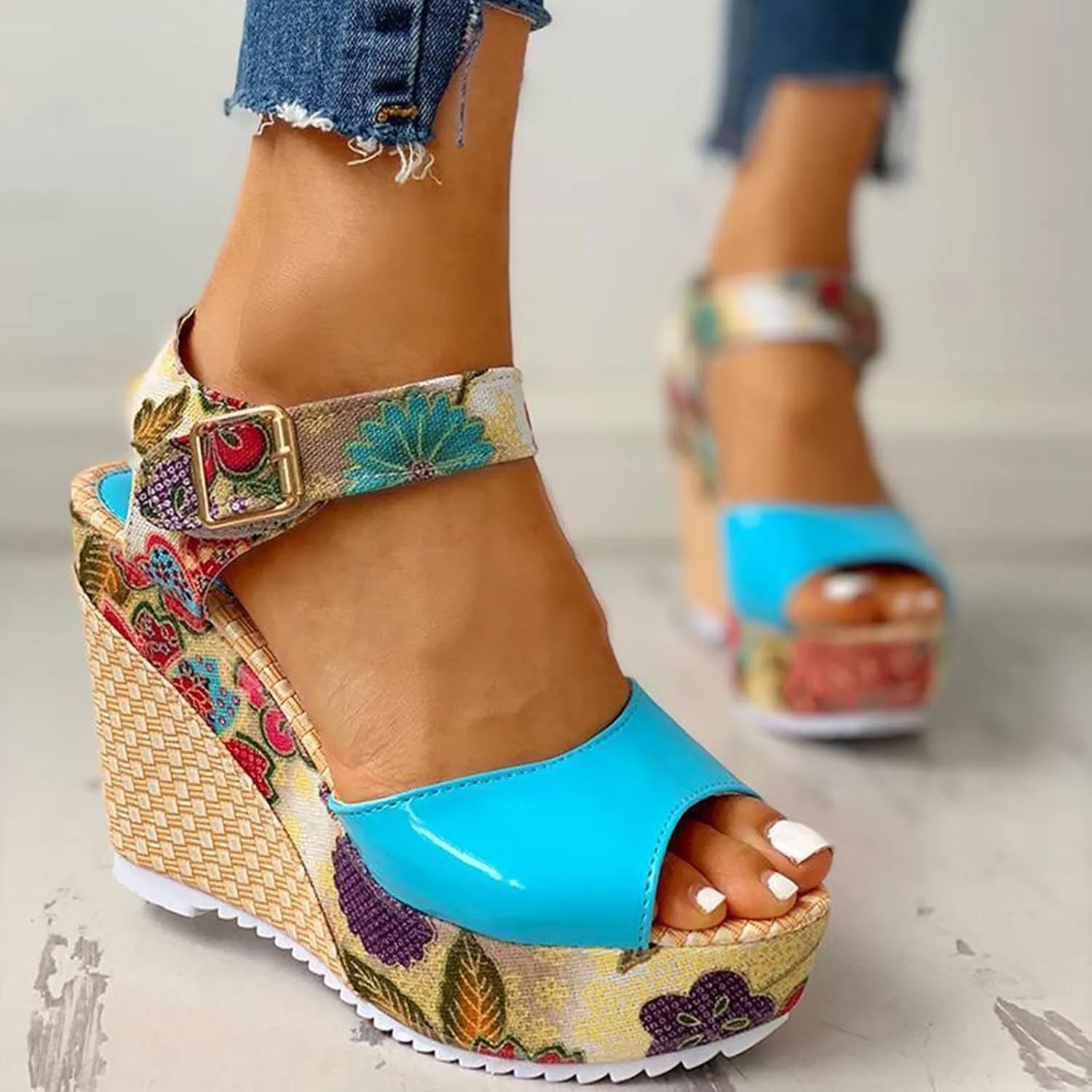 Women's High Wedge Heels Summer Dressy Platform Sandals Print Open Toe Slingback Ankle Strap Adjustable Espadrille Wedges Sandal Elegant Wedding Comfortable Fishmouth Shoes Trendy Going Out Sandals