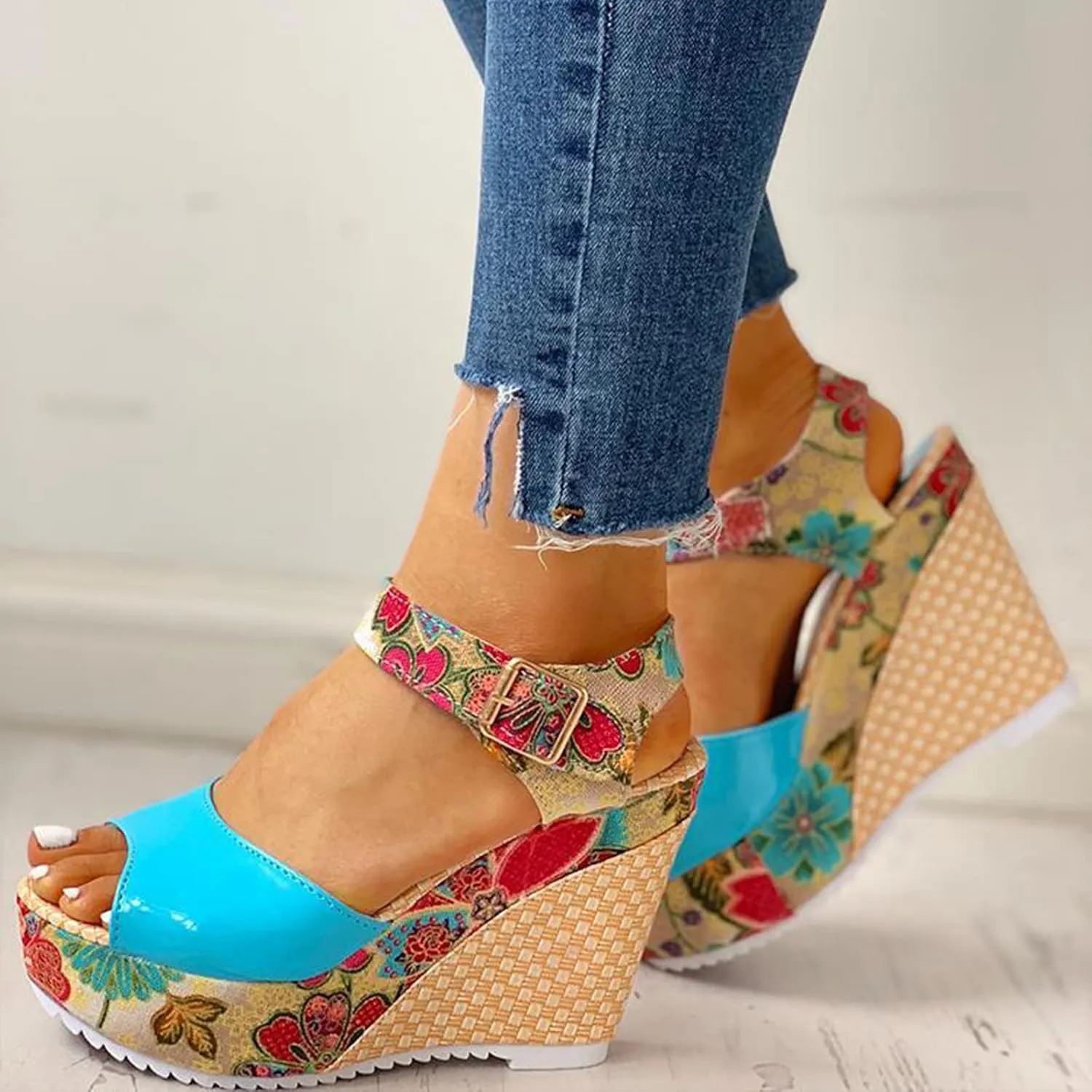 Women's High Wedge Heels Summer Dressy Platform Sandals Print Open Toe Slingback Ankle Strap Adjustable Espadrille Wedges Sandal Elegant Wedding Comfortable Fishmouth Shoes Trendy Going Out Sandals
