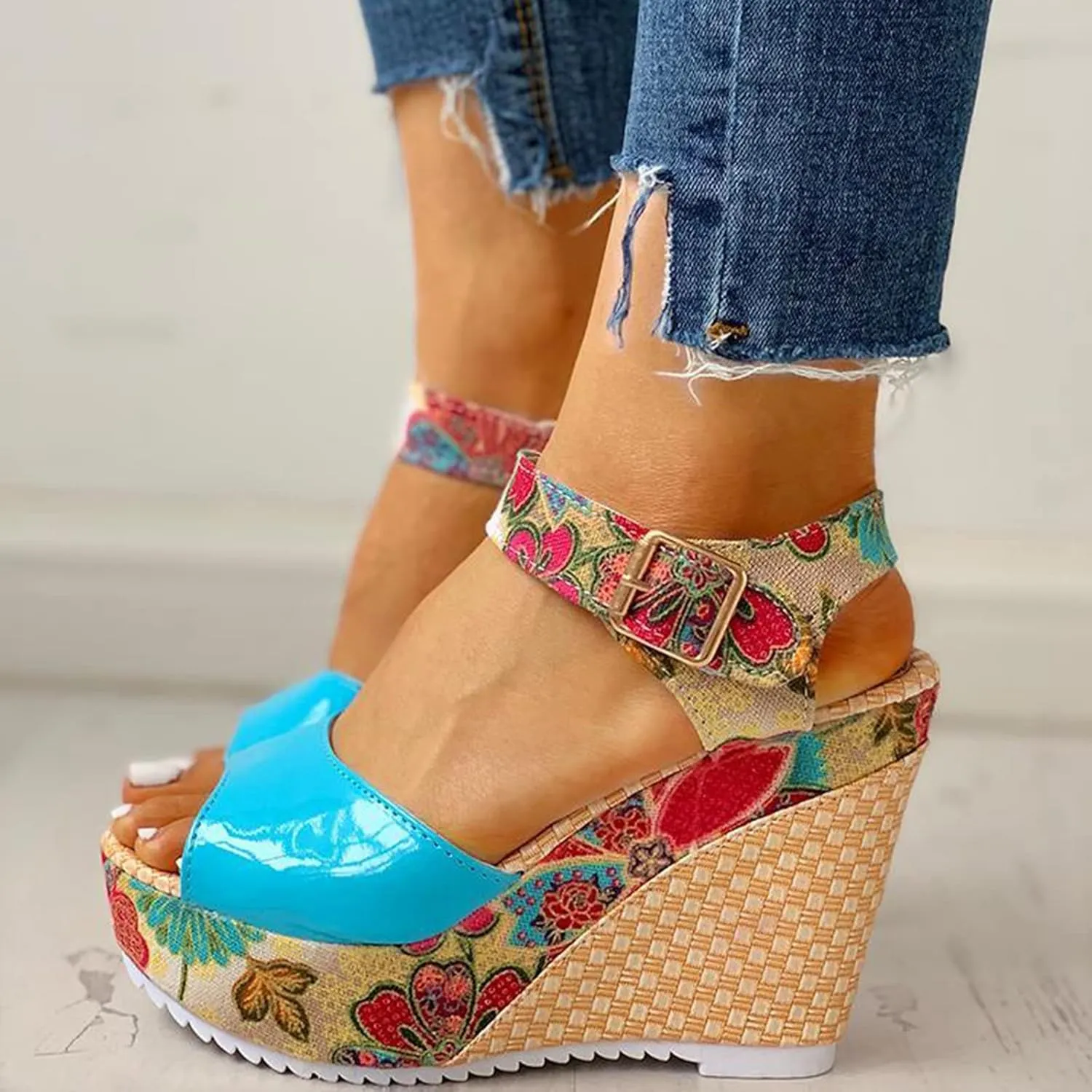 Women's High Wedge Heels Summer Dressy Platform Sandals Print Open Toe Slingback Ankle Strap Adjustable Espadrille Wedges Sandal Elegant Wedding Comfortable Fishmouth Shoes Trendy Going Out Sandals
