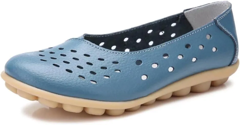 Women's Leather Flats Shoes Slip-Ons Casual Walking Driving Loafers Breathable Cutout