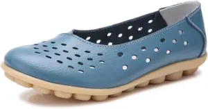 Women's Leather Flats Shoes Slip-Ons Casual Walking Driving Loafers Breathable Cutout