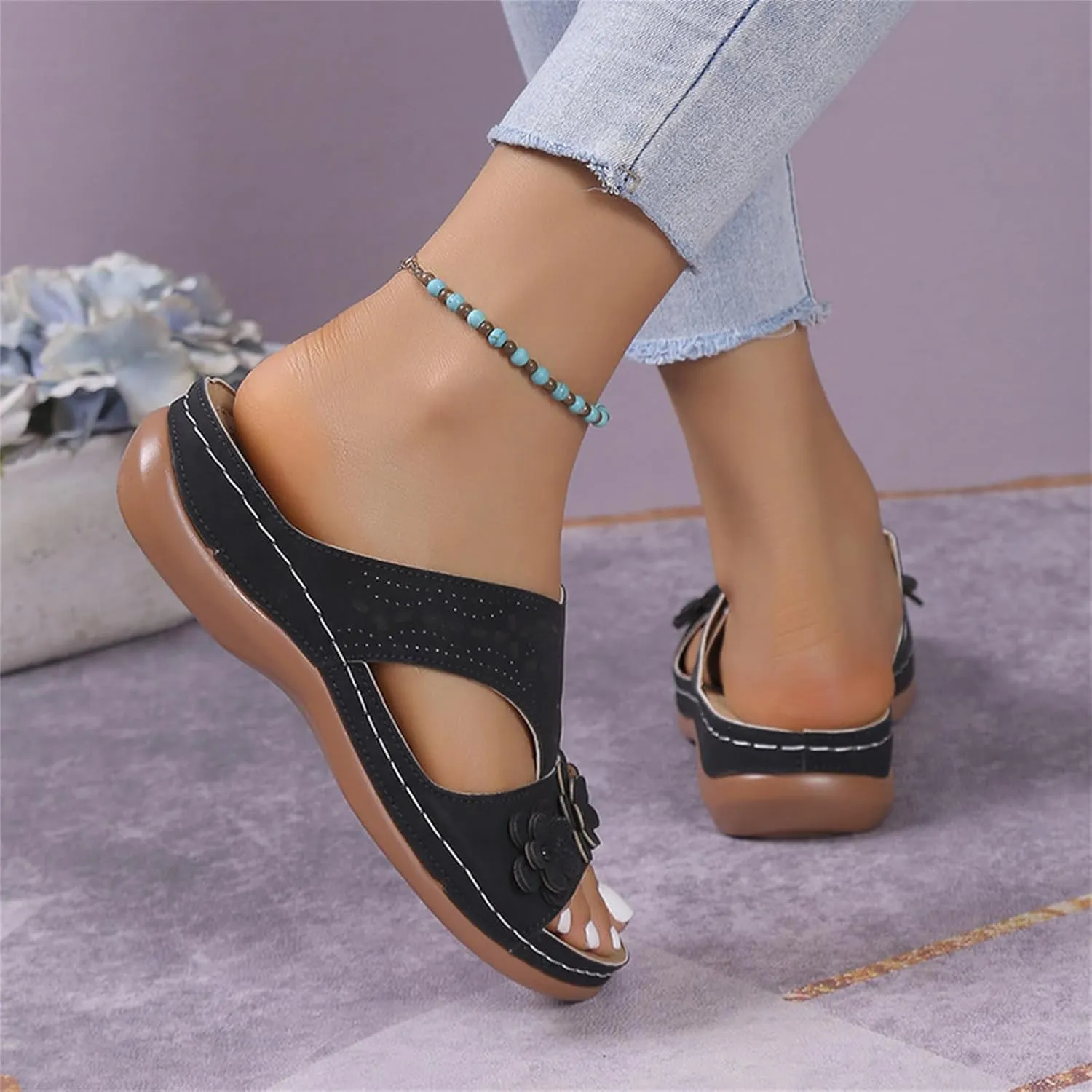 Womens Leather Low Wedge Sandals Comfortable Walking Casual Slip on Summer Sandals Rubber Sole Slippers Summer Beach Vacation Shoes