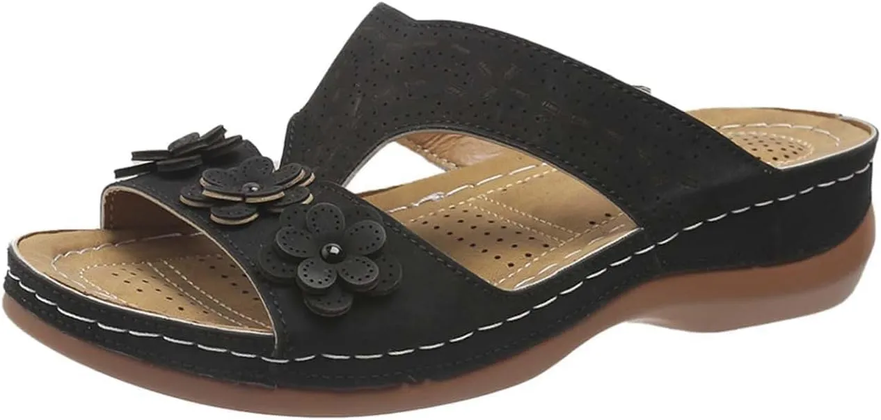 Womens Leather Low Wedge Sandals Comfortable Walking Casual Slip on Summer Sandals Rubber Sole Slippers Summer Beach Vacation Shoes