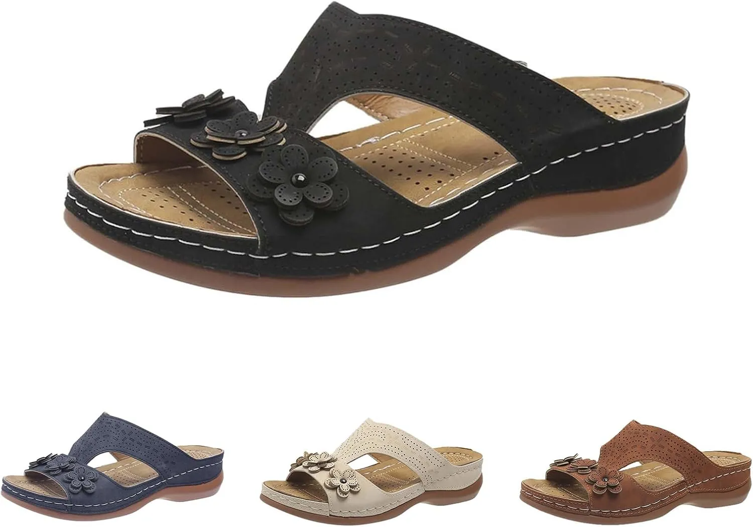 Womens Leather Low Wedge Sandals Comfortable Walking Casual Slip on Summer Sandals Rubber Sole Slippers Summer Beach Vacation Shoes