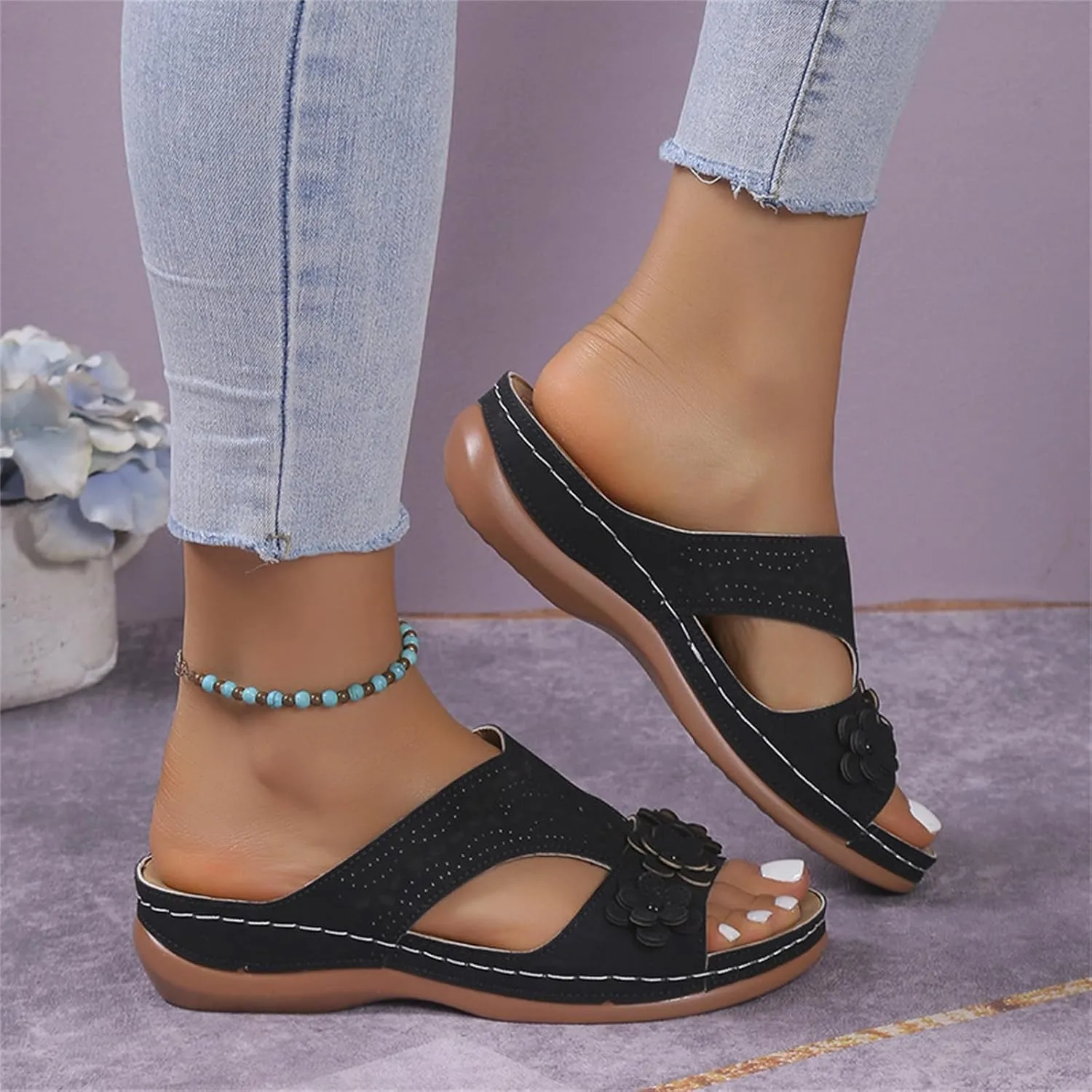Womens Leather Low Wedge Sandals Comfortable Walking Casual Slip on Summer Sandals Rubber Sole Slippers Summer Beach Vacation Shoes