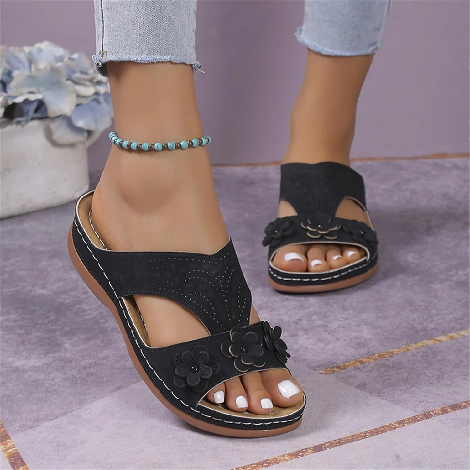 Womens Leather Low Wedge Sandals Comfortable Walking Casual Slip on Summer Sandals Rubber Sole Slippers Summer Beach Vacation Shoes
