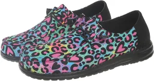 Women's Leopard Print Casual Shoes with Pink Heart Details – Sweet Bow Accent Flat Sneakers – Bold & Playful Slip-Ons (Sizes 6-11)