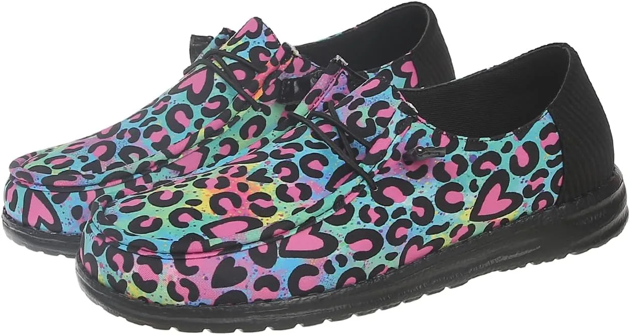 Women's Leopard Print Casual Shoes with Pink Heart Details – Sweet Bow Accent Flat Sneakers – Bold & Playful Slip-Ons (Sizes 6-11)