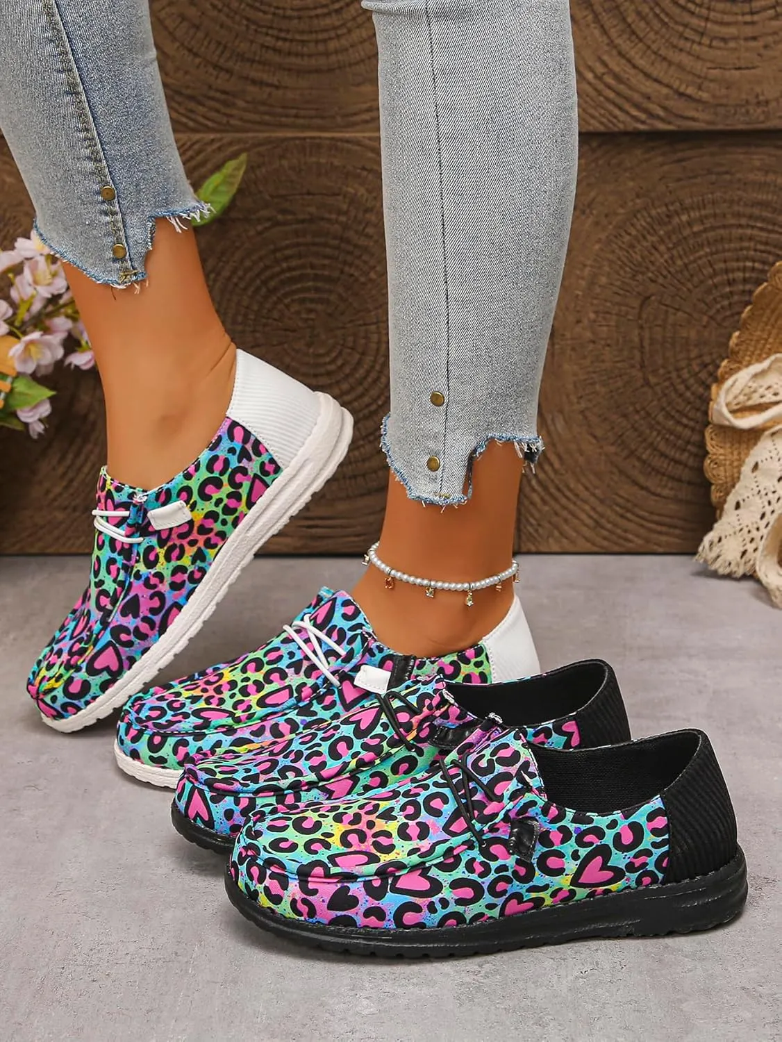 Women's Leopard Print Casual Shoes with Pink Heart Details – Sweet Bow Accent Flat Sneakers – Bold & Playful Slip-Ons (Sizes 6-11)