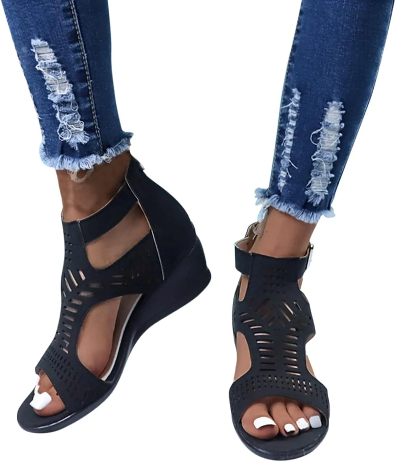 Women's Open Toe Wedge Heeled Sandals Trendy Casual Comfort Strap Cutout Zip Back Non Slip Shiny Cover Heel Dressy for Spring Summer Roman Gladiator Party Shoes
