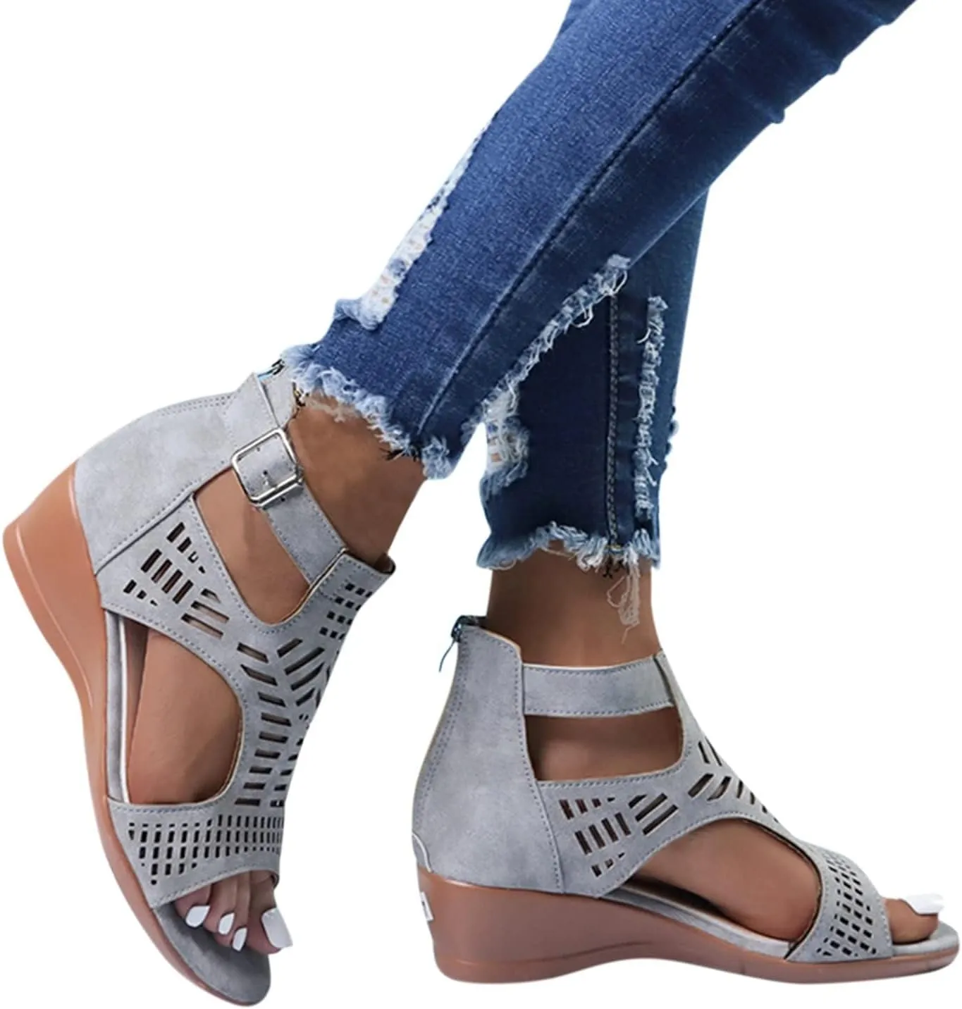 Women's Open Toe Wedge Heeled Sandals Trendy Casual Comfort Strap Cutout Zip Back Non Slip Shiny Cover Heel Dressy for Spring Summer Roman Gladiator Party Shoes
