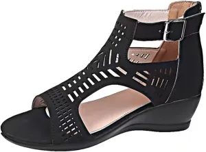 Women's Open Toe Wedge Heeled Sandals Trendy Casual Comfort Strap Cutout Zip Back Non Slip Shiny Cover Heel Dressy for Spring Summer Roman Gladiator Party Shoes