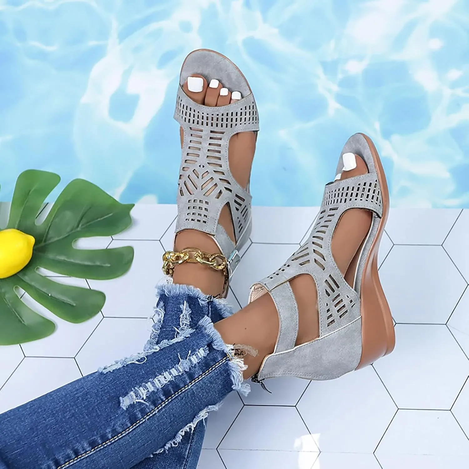 Women's Open Toe Wedge Heeled Sandals Trendy Casual Comfort Strap Cutout Zip Back Non Slip Shiny Cover Heel Dressy for Spring Summer Roman Gladiator Party Shoes